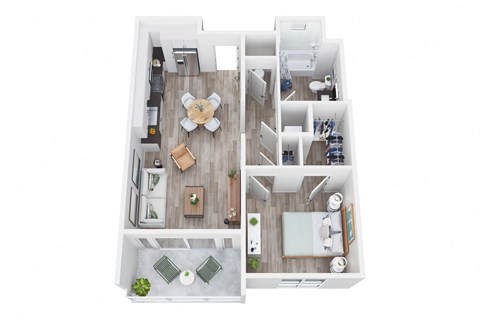 a stylized floor plan with a bedroom and a living room
